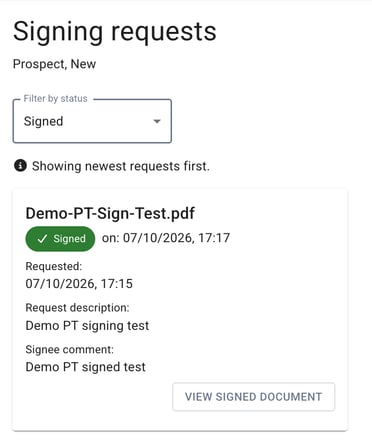 Client Portal signing request card with a green Signed status and date, the request details, the signee comment and the VIEW SIGNED DOCUMENT button