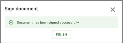 Sign document window showing the message Document has been signed successfully and the FINISH button