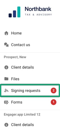 Client Portal menu listing Client details, Files, Signing requests and Forms for a client, with Signing requests and its count badge highlighted