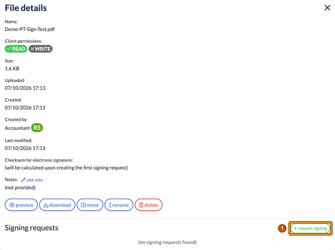 File details for a PDF in Engager with the request signing button highlighted as step 1