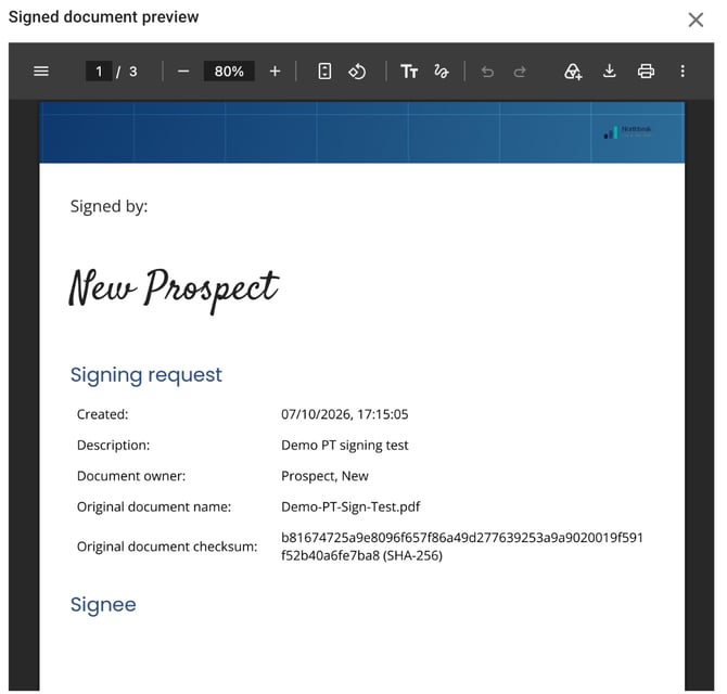 First page of a signed document's cover, showing Signed by with the typed name in a script font and the Signing request details, including the original document checksum