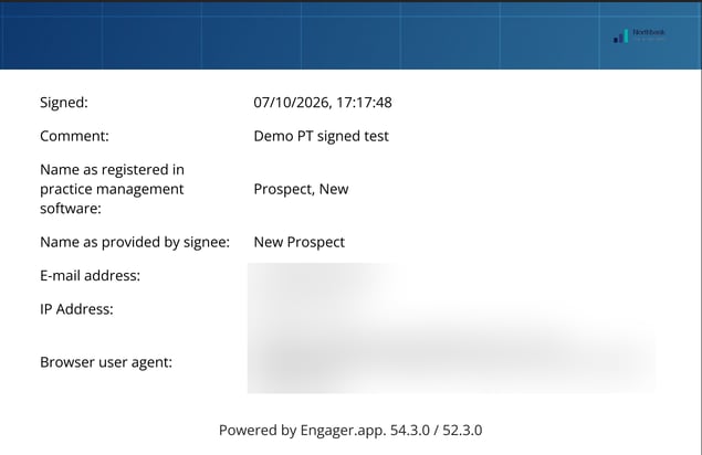 Second page of a signed document's cover listing the signee details, with the e-mail address, IP address and browser user agent blurred