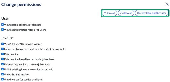 Change permissions window showing the User and Invoice permissions, with deny all, allow all and copy from another user highlighted