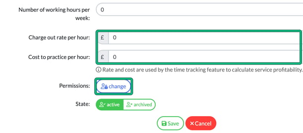 Charge out rate per hour and Cost to practice per hour fields highlighted, with the Permissions change button highlighted below them