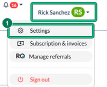 Menu opened from the user's name at the top right, with Settings highlighted as step 1