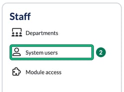 Staff settings card with System users highlighted as step 2