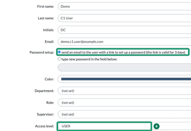 Add new user form for a demo user showing name, initials, email, colour, department, role and supervisor, with the Password setup email link option highlighted and Access level set to USER highlighted as step 4