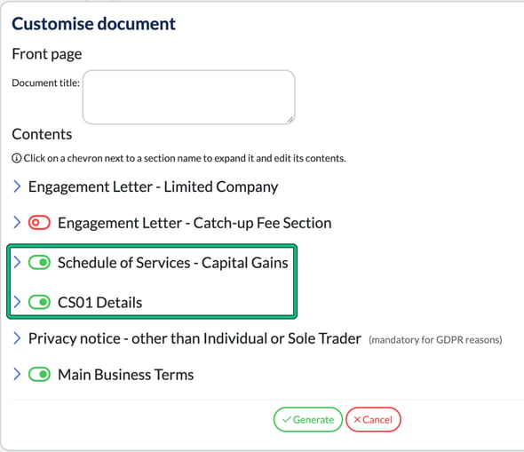 Customise document window listing the letter's sections, with the Schedule of Services - Capital Gains and CS01 Details sections switched on and highlighted
