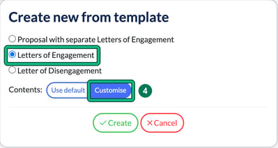 Create new from template window with Letters of Engagement selected and highlighted, and Customise highlighted as step 4