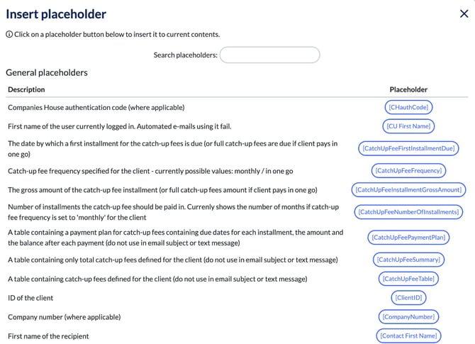 Insert placeholder window with a Search placeholders box and the General placeholders list, such as company number and first name of the recipient
