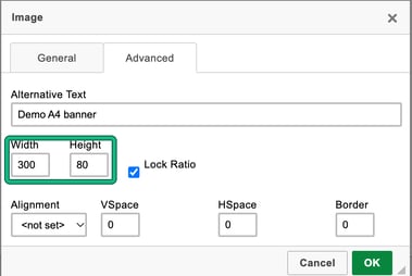 Image dialog Advanced tab with Alternative Text, Lock Ratio, Alignment, VSpace, HSpace and Border, with the Width and Height fields highlighted