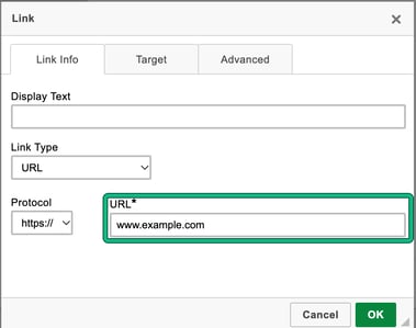 Link dialog Link Info tab with Link Type URL, Protocol https and the URL field, containing www.example.com, highlighted