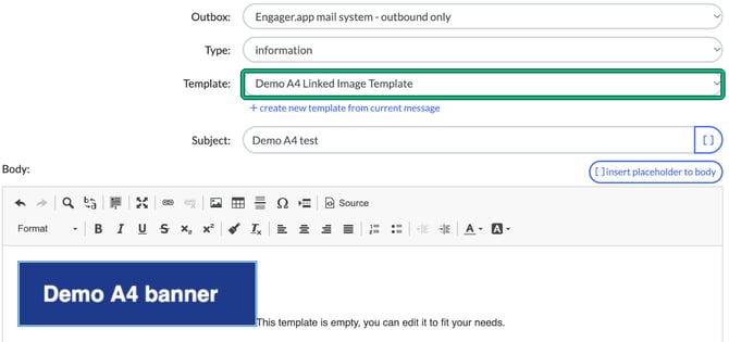 Compose e-mail with the Template field, set to a demo linked image template, highlighted, and the template's banner image in the body