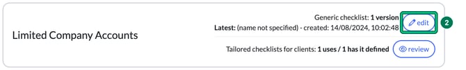 Limited Company Accounts on the Service Checklists page with the edit button for its generic checklist highlighted as step 2