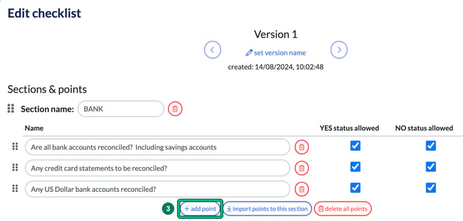 Edit checklist with a new point added to the BANK section and the add point button highlighted as step 3