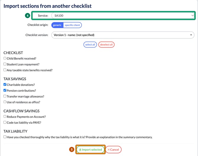 Import sections from another checklist with the Service field highlighted as step 4 and Import selected highlighted as step 5