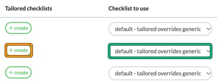 Right-hand end of the Tailored checklists table with a create button highlighted and its Checklist to use setting, default - tailored overrides generic, highlighted