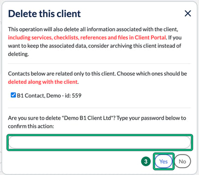 Delete this client window listing a contact related only to this client, ticked for deletion, with the password field and Yes highlighted as step 3