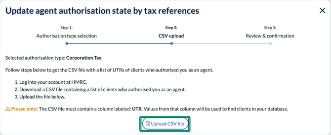Update agent authorisation state by tax references, Step 2 CSV upload for Corporation Tax, noting the CSV must contain a UTR column, with Upload CSV file highlighted