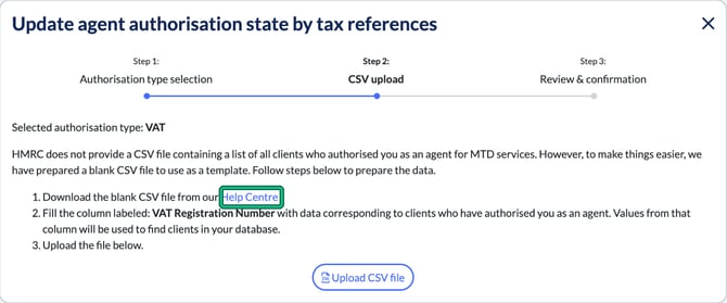 Step 2 CSV upload for VAT explaining that HMRC provides no file and a blank CSV template is in the Help Centre, with the Help Centre link highlighted