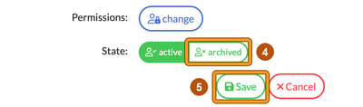 Bottom of the Edit user window with the State toggle's archived option highlighted as step 4 and the Save button highlighted as step 5