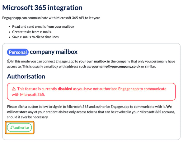 Microsoft 365 integration page listing read and send e-mails from your mailbox, create tasks from e-mails and save e-mails to client timelines, with the authorise button for the Personal company mailbox highlighted