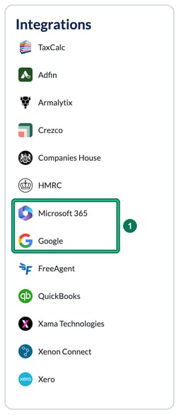 Integrations settings card with Microsoft 365 and Google highlighted as step 1