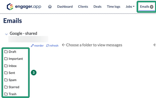 Emails page with Emails highlighted in the top menu and the Google shared mailbox folder list highlighted as step 3, with the mailbox address hidden