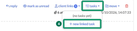 Email toolbar with the tasks menu highlighted and open, showing no tasks yet and the new linked task option highlighted as step 4