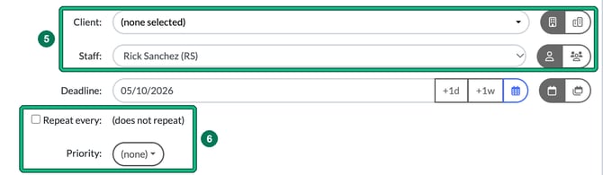 Create single or multiple tasks form with the Client and Staff fields highlighted as step 5 and the Repeat every and Priority options highlighted as step 6