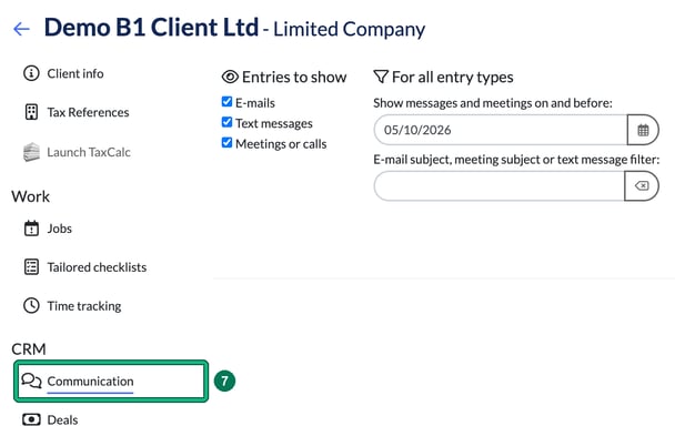 Client record with Communication highlighted under CRM in the left-hand menu as step 7, beside the Entries to show and For all entry types filters