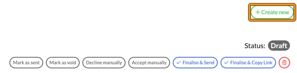 Create new button above a draft Letters of Engagement entry with Finalise and Send options