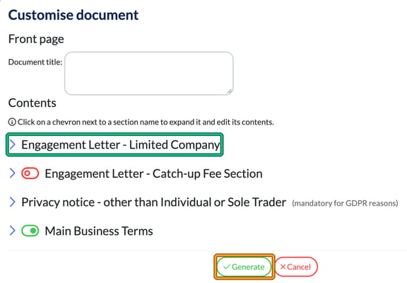 Customise document window listing the letter's sections, with the Engagement Letter section and the Generate button highlighted