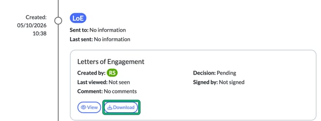 An earlier Letters of Engagement entry in the Proposal, LoE and LoD timeline, with the Download button highlighted