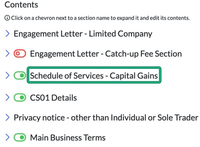 Customise document contents listing the engagement letter followed by the schedules of the client's enabled services, with Schedule of Services - Capital Gains highlighted
