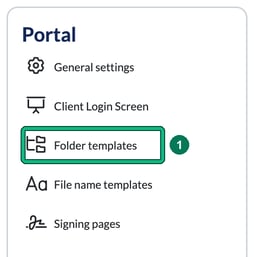 Portal section of the Settings menu with Folder templates highlighted as step 1