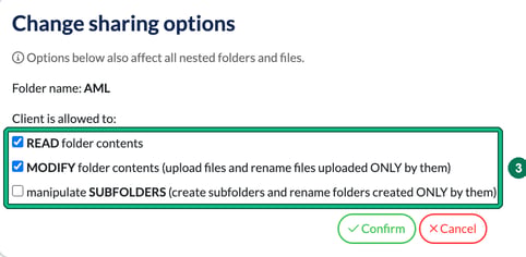 Change sharing options window for the AML folder with the READ, MODIFY and SUBFOLDERS checkboxes highlighted as step 3