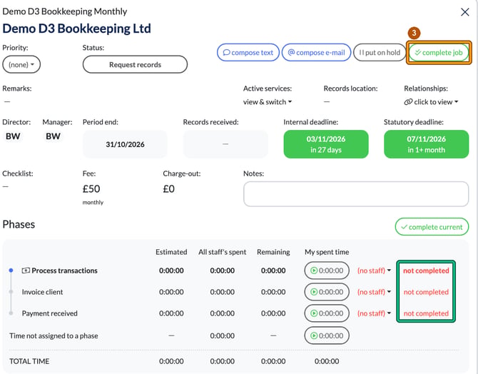 Job window for Demo D3 Bookkeeping Ltd with complete job highlighted at the top right as step 3 and all three phases still showing not completed