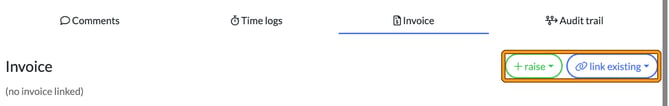 Invoice tab at the bottom of a job window showing no invoice linked, with the raise and link existing buttons highlighted