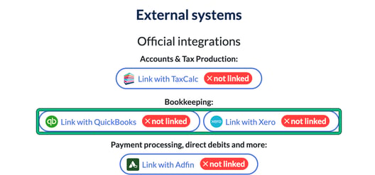 External systems step of a client record showing Link with TaxCalc, QuickBooks, Xero and Adfin, each not linked, with the bookkeeping links highlighted