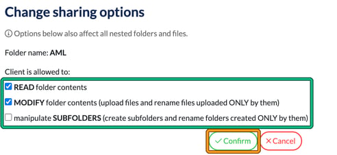 Change sharing options window with READ and MODIFY ticked and Confirm highlighted
