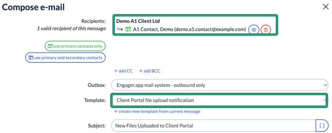 Compose e-mail window addressed to the client's primary contact, with the recipients and the Client Portal file upload notification template highlighted