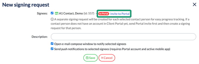 New signing request window with the signee marked no Portal and the invite to Portal link highlighted
