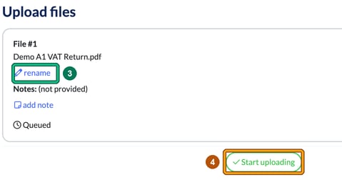 Upload files window with a queued PDF, with rename highlighted as step 3 and Start uploading highlighted as step 4