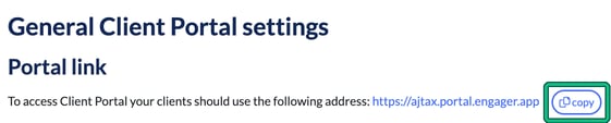 General Client Portal settings with the portal link address and the copy button highlighted