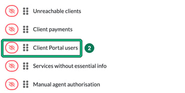 Manage dashboard widget list with the Client Portal users widget and its show or hide button highlighted as step 2