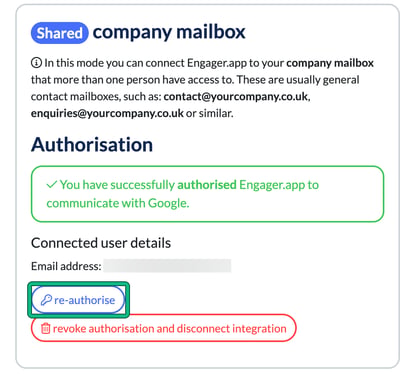 Google integration Shared company mailbox card showing it is authorised, with the connected email address blurred and the re-authorise button highlighted above revoke authorisation and disconnect integration
