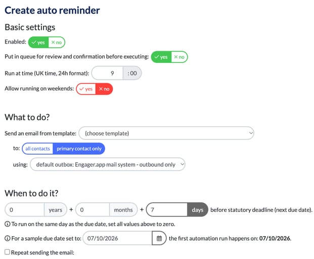Create auto reminder screen showing Basic settings, What to do? with the template, recipients and outbox, and When to do it? with the days before the statutory deadline