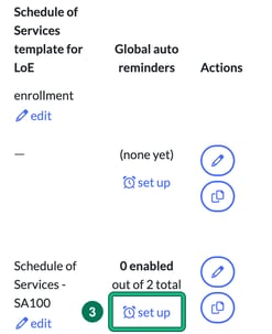 Services table showing the Global auto reminders column, with set up highlighted as step 3 for the SA100 service