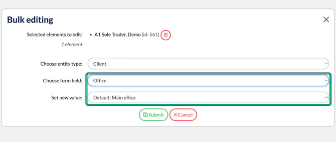 Bulk editing window with Choose entity type set to Client, Choose form field set to Office and the Set new value list, highlighted